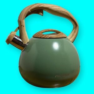 Poliviar Whistling Tea Kettle 2.7 Qt. Wooden Handle Stainless Steel Green
